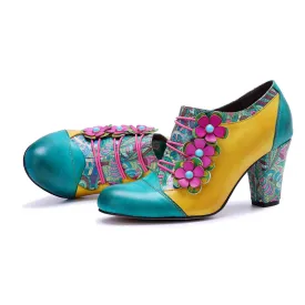 CrazycatZ Leather Pumps,Women  Vintage Block Heel Oxford Vintage Shoes Color Blocking Oxford Shoes 80301