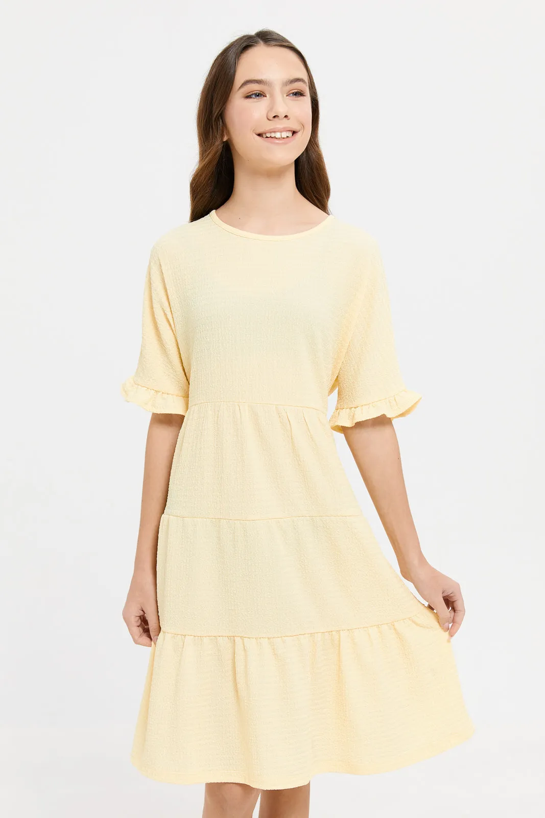 Senior Girls Yellow Tiered Jacquard Dress
