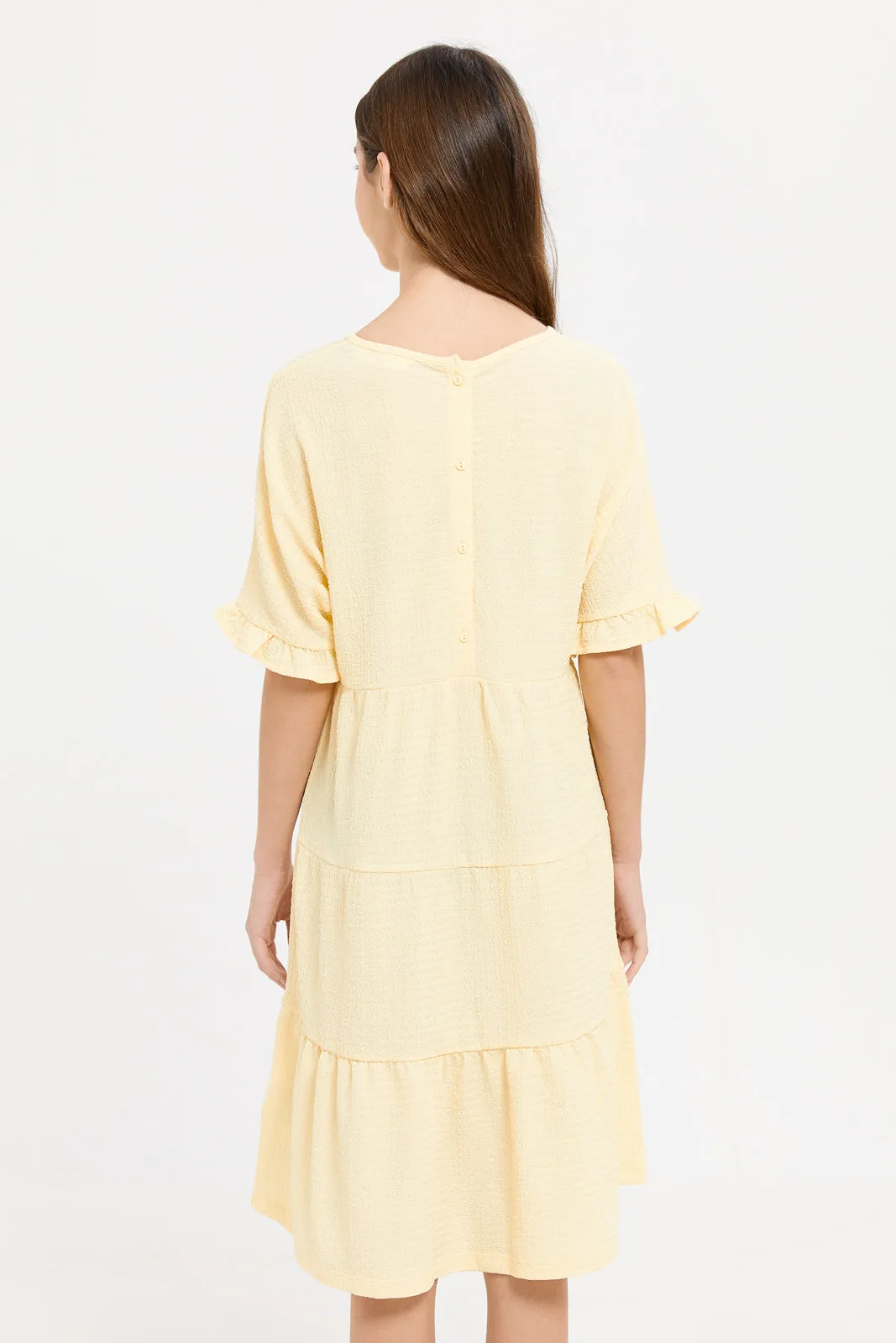Senior Girls Yellow Tiered Jacquard Dress
