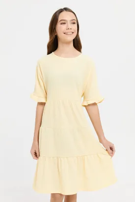 Senior Girls Yellow Tiered Jacquard Dress