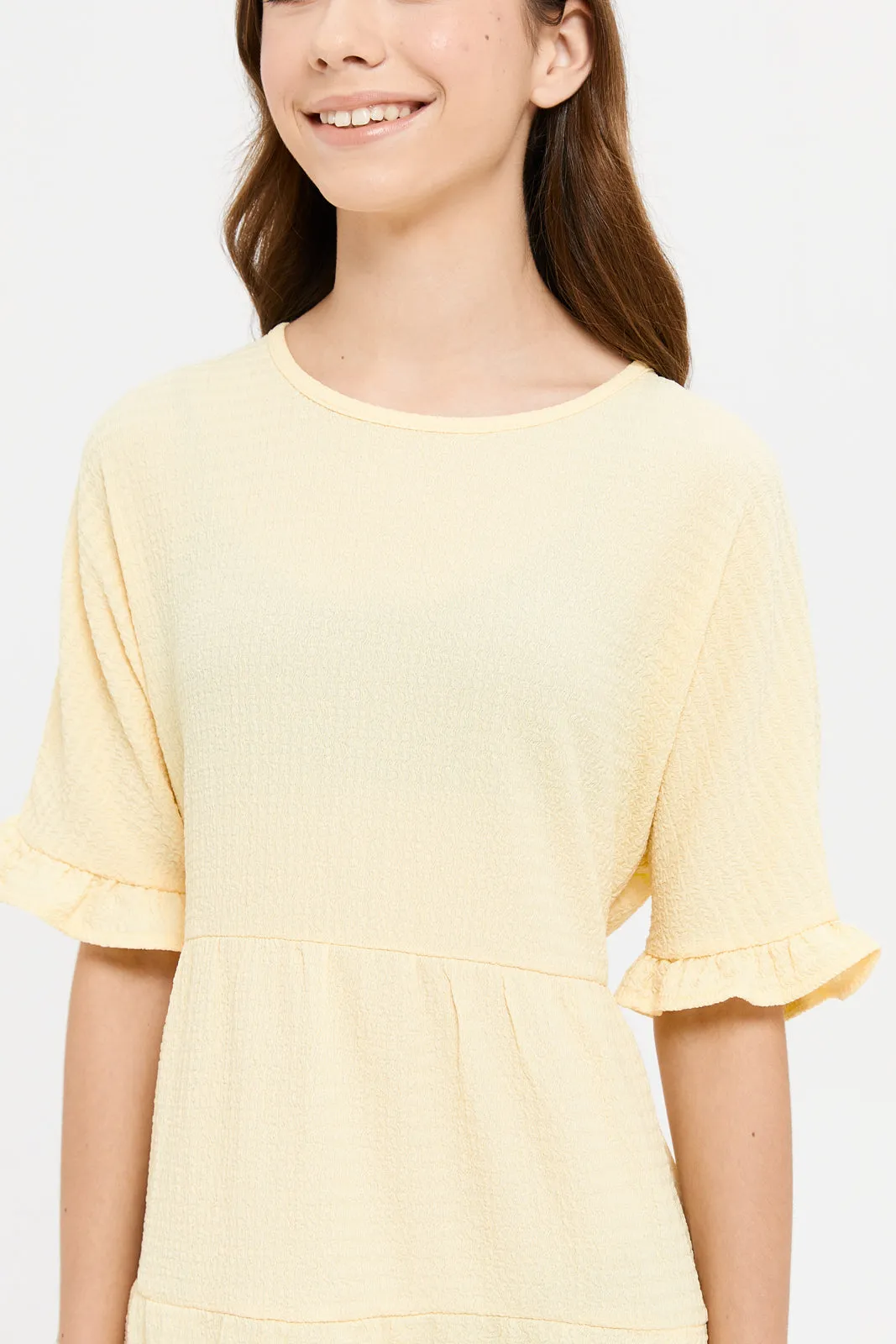 Senior Girls Yellow Tiered Jacquard Dress