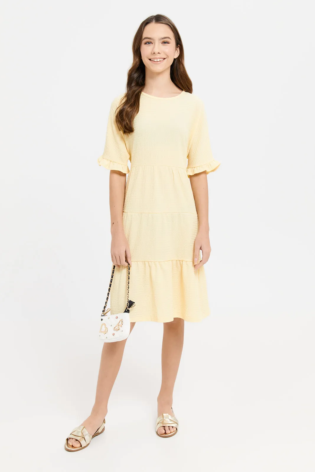 Senior Girls Yellow Tiered Jacquard Dress