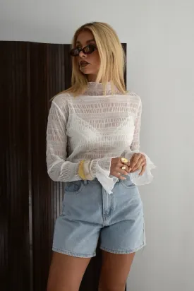 Textured rushed top lange mouw - Wit