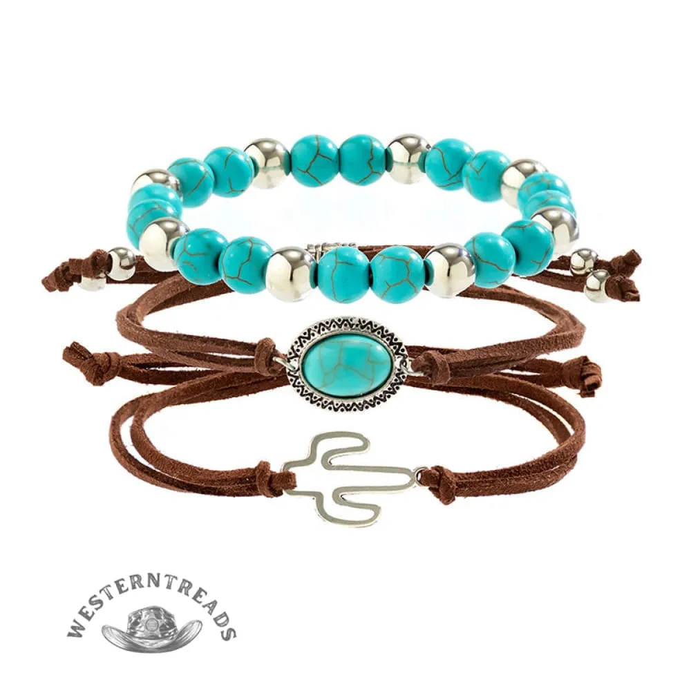 Western Cowboy Style Cactus Decor Turquoise Beaded Bracelet Set